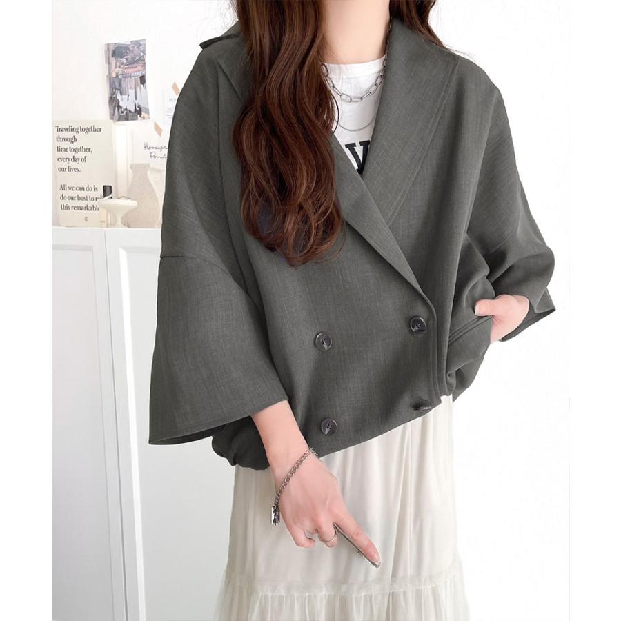 アウター ジャケット レディース テック リネン 素材 ダブル テーラード 衿 シャツ ジャケット半袖 裾 ゴム 仕様 ゆるっと オーバーサイズ 二の腕カバー | classicalelf | 11
