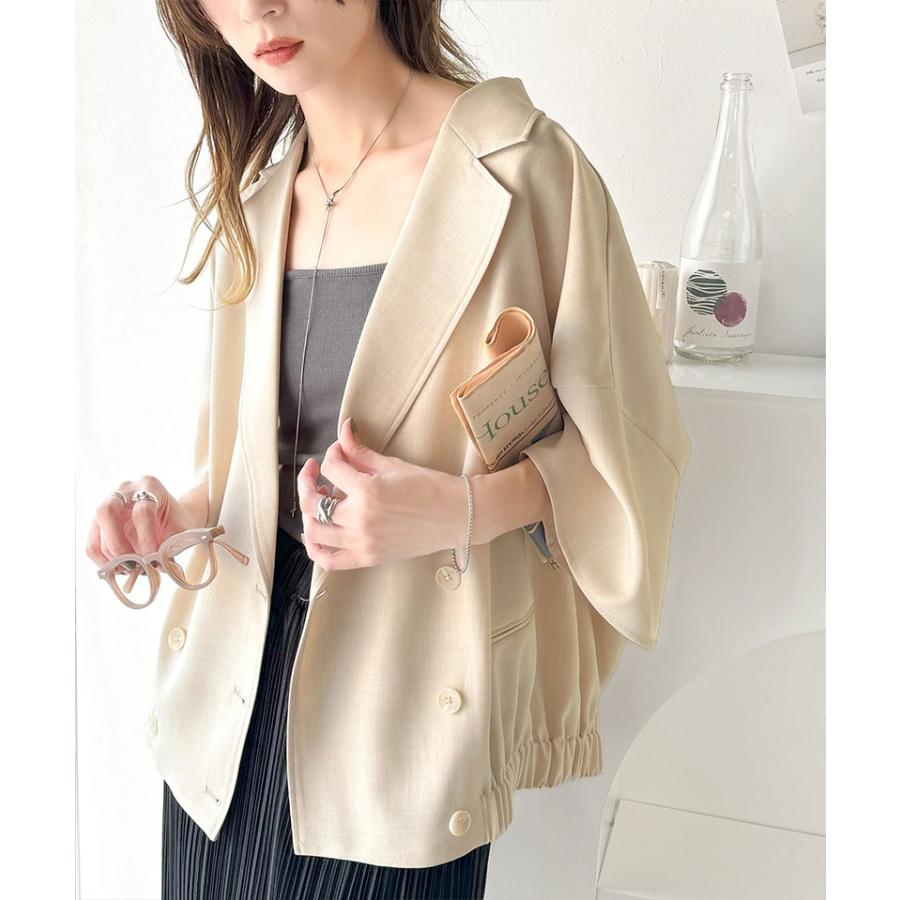 アウター ジャケット レディース テック リネン 素材 ダブル テーラード 衿 シャツ ジャケット半袖 裾 ゴム 仕様 ゆるっと オーバーサイズ 二の腕カバー | classicalelf | 13