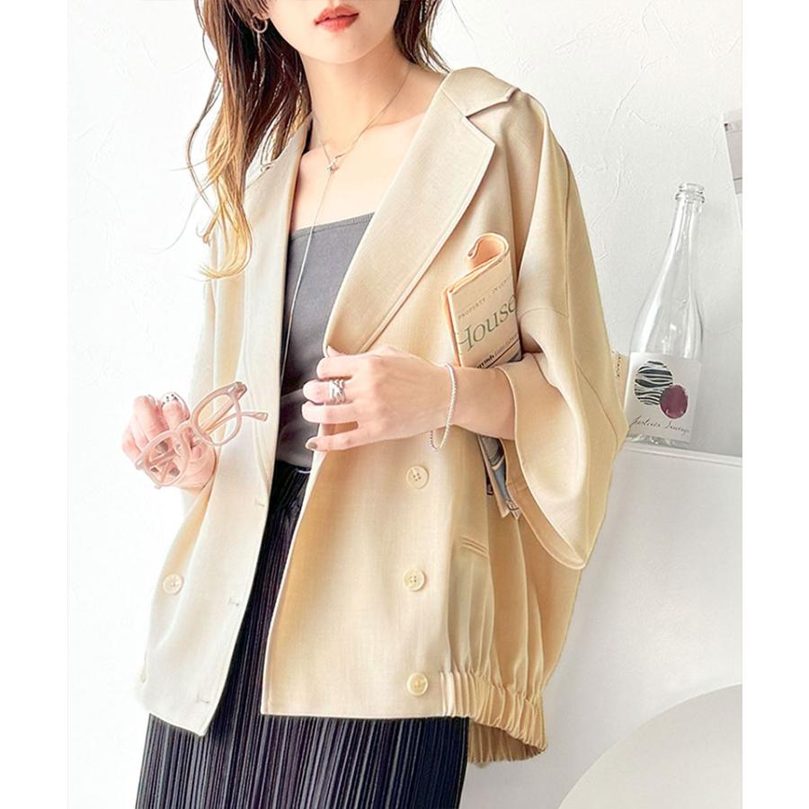 アウター ジャケット レディース テック リネン 素材 ダブル テーラード 衿 シャツ ジャケット半袖 裾 ゴム 仕様 ゆるっと オーバーサイズ 二の腕カバー | classicalelf | 14