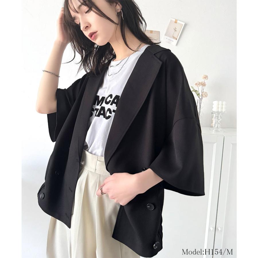 アウター ジャケット レディース テック リネン 素材 ダブル テーラード 衿 シャツ ジャケット半袖 裾 ゴム 仕様 ゆるっと オーバーサイズ 二の腕カバー | classicalelf | 02