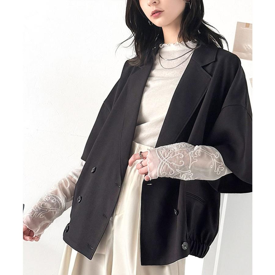 アウター ジャケット レディース テック リネン 素材 ダブル テーラード 衿 シャツ ジャケット半袖 裾 ゴム 仕様 ゆるっと オーバーサイズ 二の腕カバー | classicalelf | 03