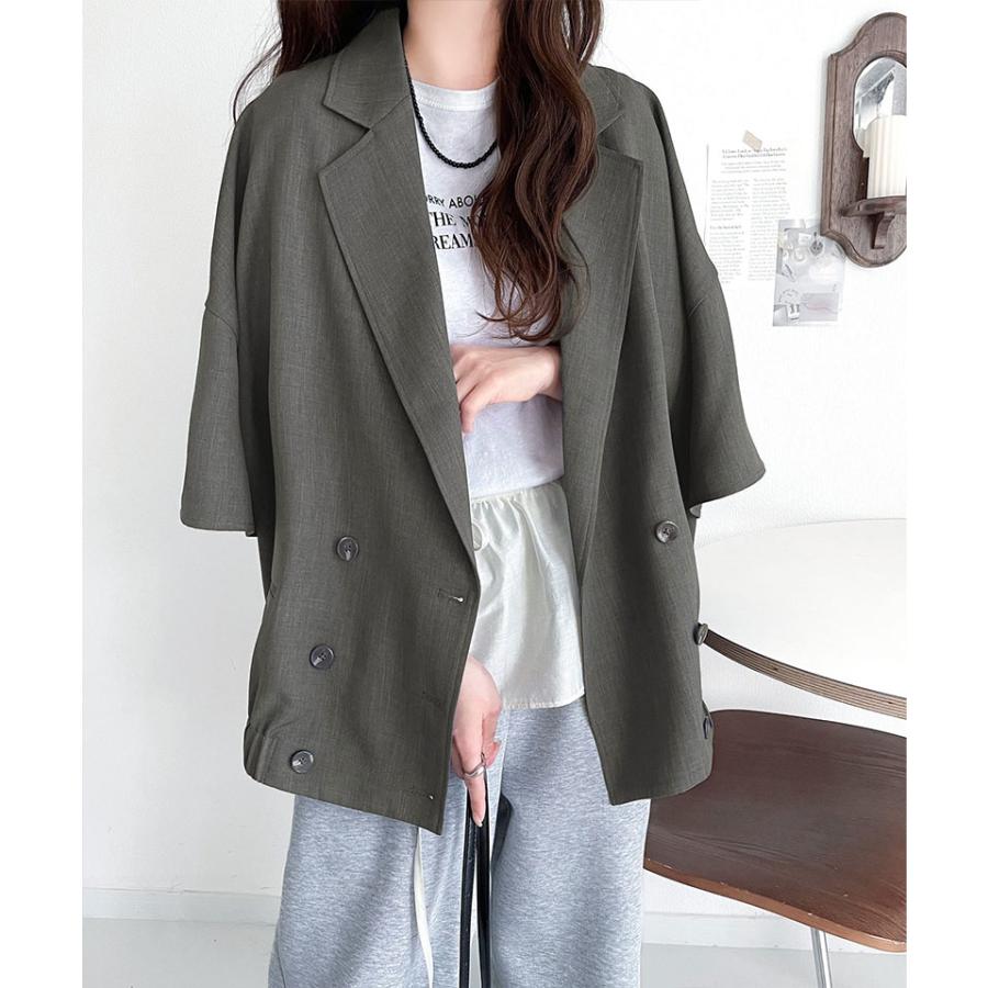アウター ジャケット レディース テック リネン 素材 ダブル テーラード 衿 シャツ ジャケット半袖 裾 ゴム 仕様 ゆるっと オーバーサイズ 二の腕カバー | classicalelf | 09