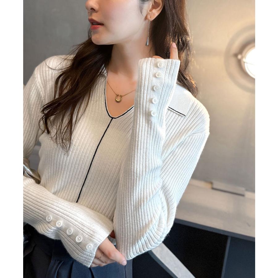 【 クラシカルエルフ classical elf 】 トップス ニット レディース 長袖 万能トップス インナー 衿付き リブニット きちんと感 Vネック 縦ライン | classicalelf | 04