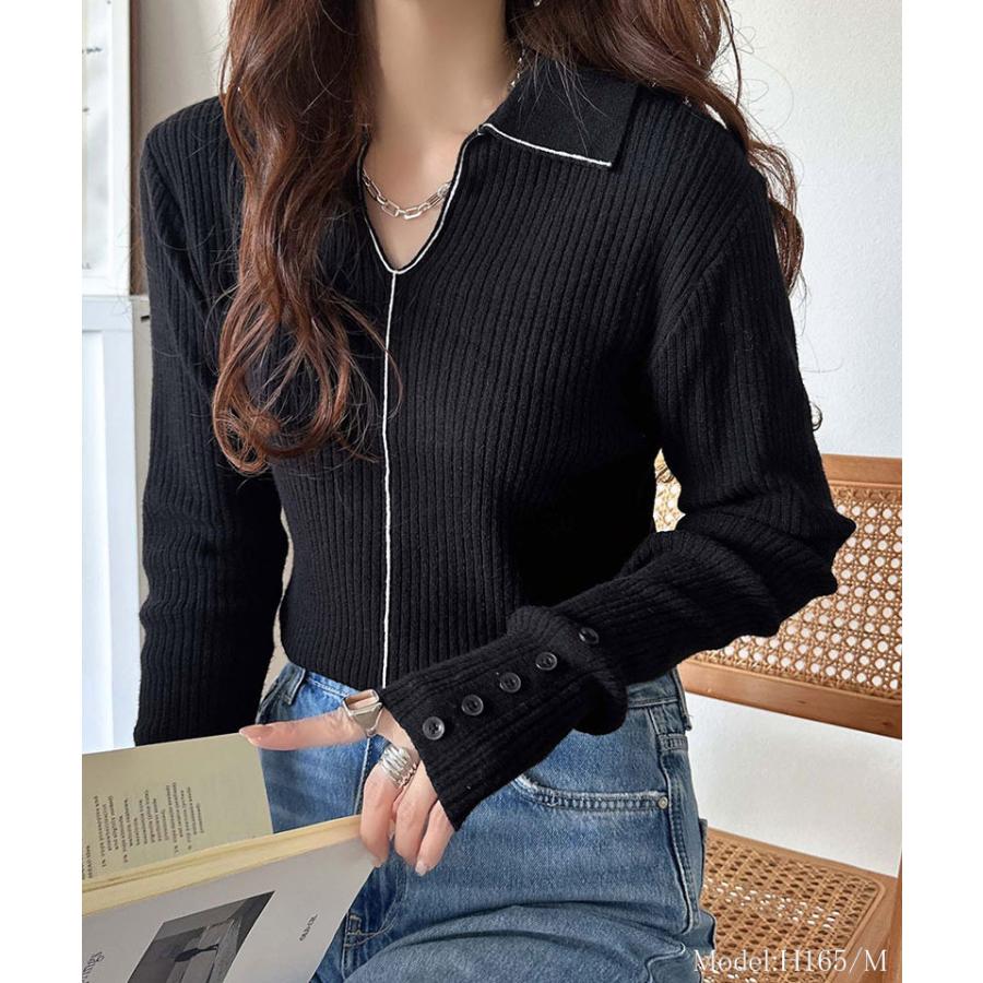 【 クラシカルエルフ classical elf 】 トップス ニット レディース 長袖 万能トップス インナー 衿付き リブニット きちんと感 Vネック 縦ライン | classicalelf | 05