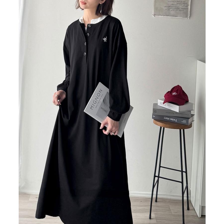 【 クラシカルエルフ classical elf 】 ワンピース レディース 胸刺繍 ヘンリーネック ロングワンピース 長袖 シンプル 上品 ゆったりシルエット | classicalelf | 03