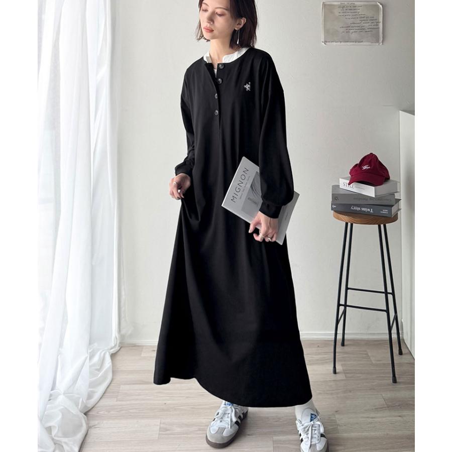 【 クラシカルエルフ classical elf 】 ワンピース レディース 胸刺繍 ヘンリーネック ロングワンピース 長袖 シンプル 上品 ゆったりシルエット | classicalelf | 04