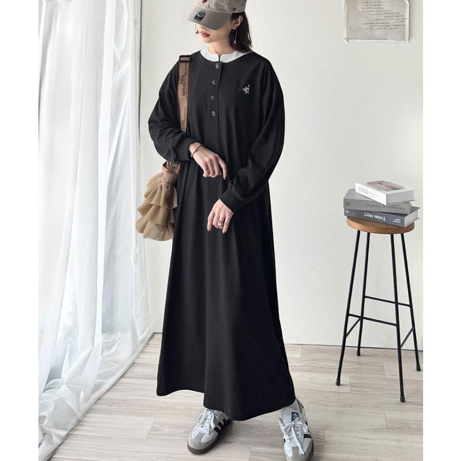 【 クラシカルエルフ classical elf 】 ワンピース レディース 胸刺繍 ヘンリーネック ロングワンピース 長袖 シンプル 上品 ゆったりシルエット | classicalelf | 06