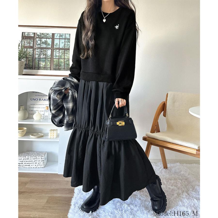 【 クラシカルエルフ classical elf 】ワンピース 秋冬 きれいめ レディース 胸 刺繍 ドロスト 裏起毛 スウェット ギャザースカート ドッキング | classicalelf | 02