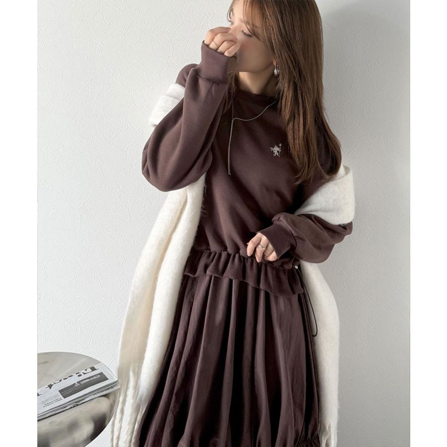 【 クラシカルエルフ classical elf 】ワンピース 秋冬 きれいめ レディース 胸 刺繍 ドロスト 裏起毛 スウェット ギャザースカート ドッキング | classicalelf | 09