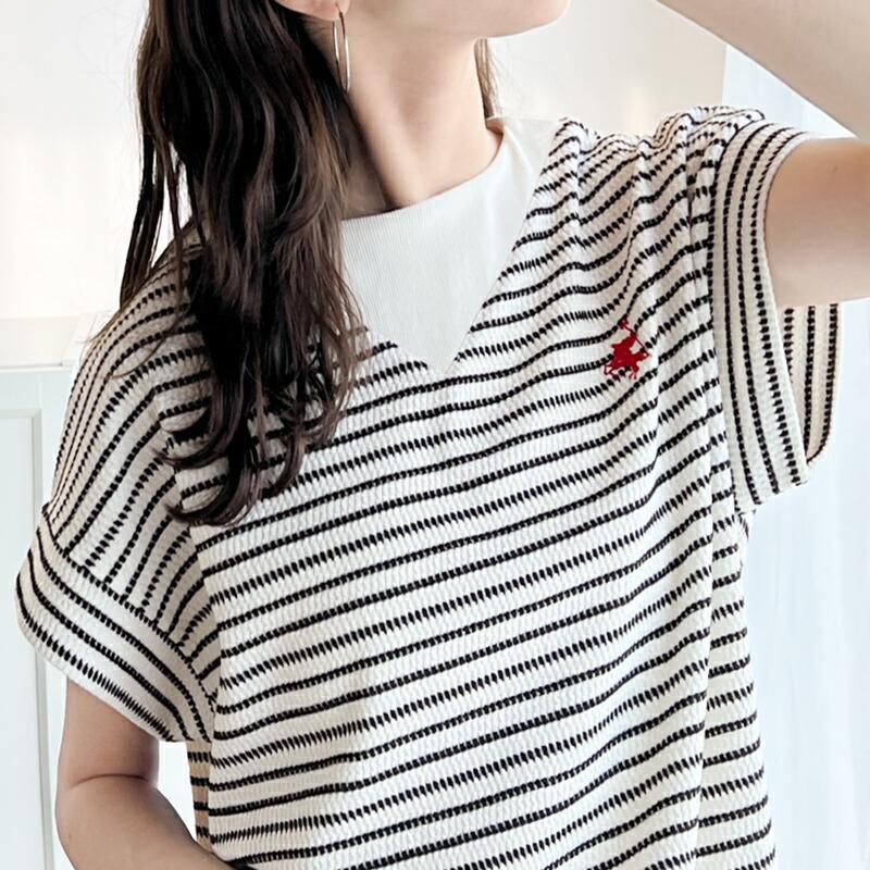 【sustaina+】 トップス Tシャツ レディース ポコポコ 凸凹 ジャガード オーガニック コットン 胸 刺繍 ネック 切替 半袖 プルオーバー | classicalelf