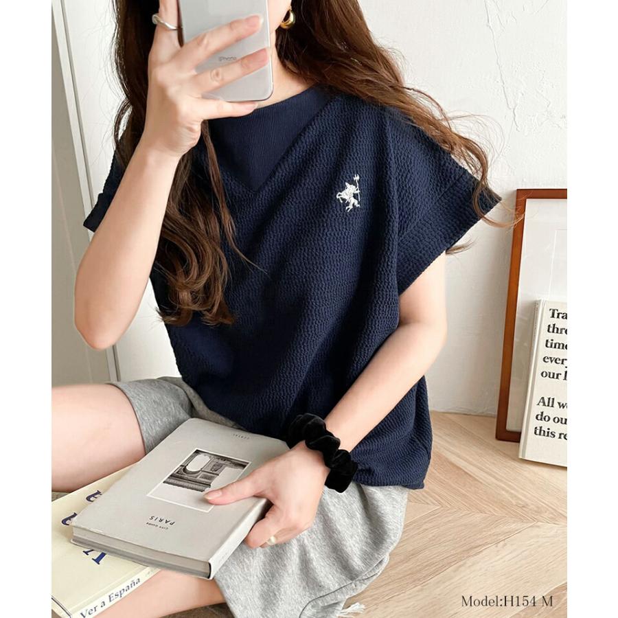 【sustaina+】 トップス Tシャツ レディース ポコポコ 凸凹 ジャガード オーガニック コットン 胸 刺繍 ネック 切替 半袖 プルオーバー | classicalelf | 10