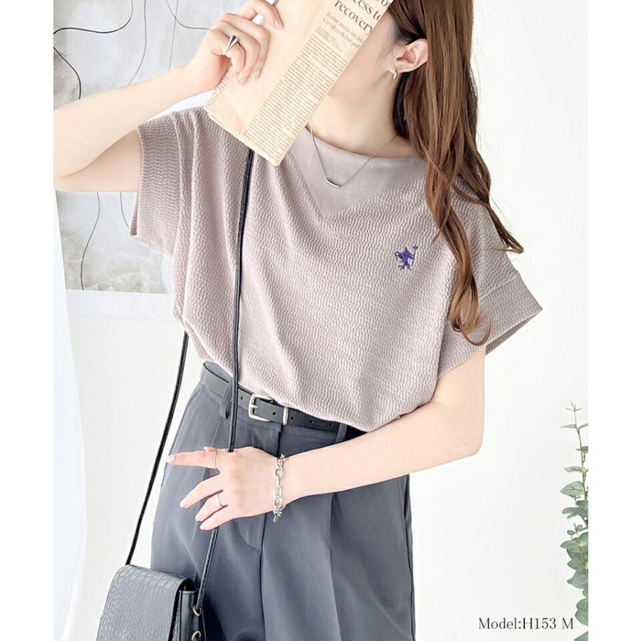 【sustaina+】 トップス Tシャツ レディース ポコポコ 凸凹 ジャガード オーガニック コットン 胸 刺繍 ネック 切替 半袖 プルオーバー | classicalelf | 12