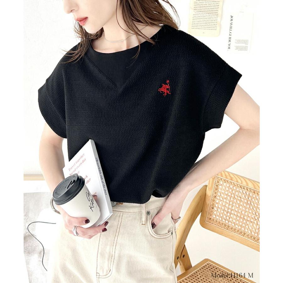 【sustaina+】 トップス Tシャツ レディース ポコポコ 凸凹 ジャガード オーガニック コットン 胸 刺繍 ネック 切替 半袖 プルオーバー | classicalelf | 16