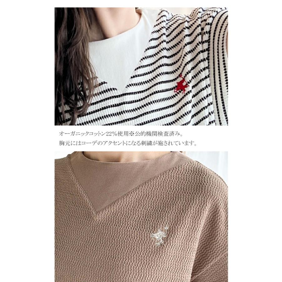 【sustaina+】 トップス Tシャツ レディース ポコポコ 凸凹 ジャガード オーガニック コットン 胸 刺繍 ネック 切替 半袖 プルオーバー | classicalelf | 17