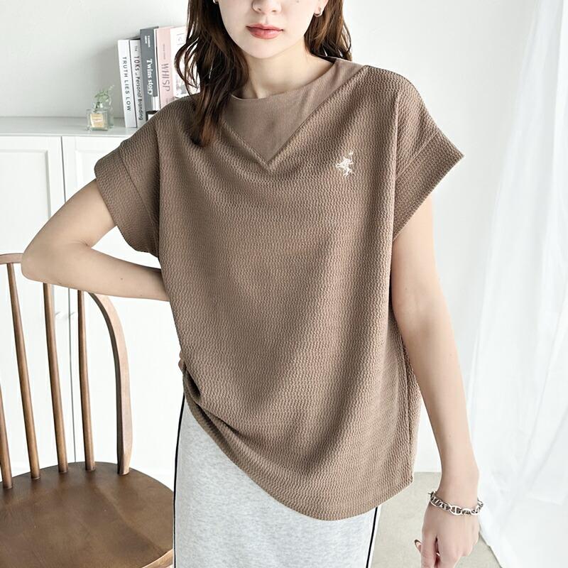 【sustaina+】 トップス Tシャツ レディース ポコポコ 凸凹 ジャガード オーガニック コットン 胸 刺繍 ネック 切替 半袖 プルオーバー | classicalelf | 19