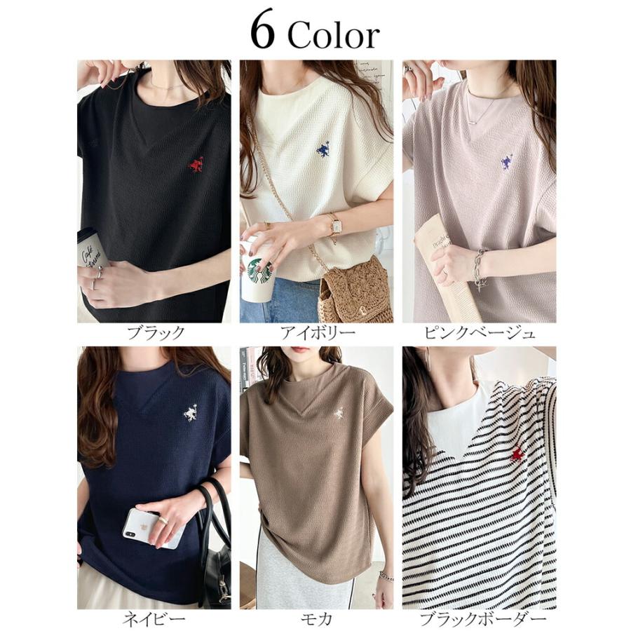 【sustaina+】 トップス Tシャツ レディース ポコポコ 凸凹 ジャガード オーガニック コットン 胸 刺繍 ネック 切替 半袖 プルオーバー | classicalelf | 02