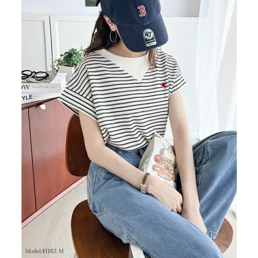 【sustaina+】 トップス Tシャツ レディース ポコポコ 凸凹 ジャガード オーガニック コットン 胸 刺繍 ネック 切替 半袖 プルオーバー | classicalelf | 04