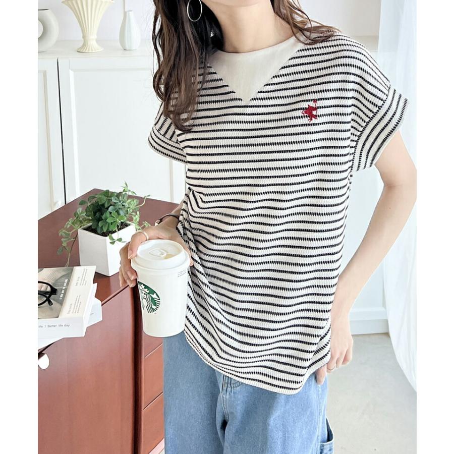 【sustaina+】 トップス Tシャツ レディース ポコポコ 凸凹 ジャガード オーガニック コットン 胸 刺繍 ネック 切替 半袖 プルオーバー | classicalelf | 05