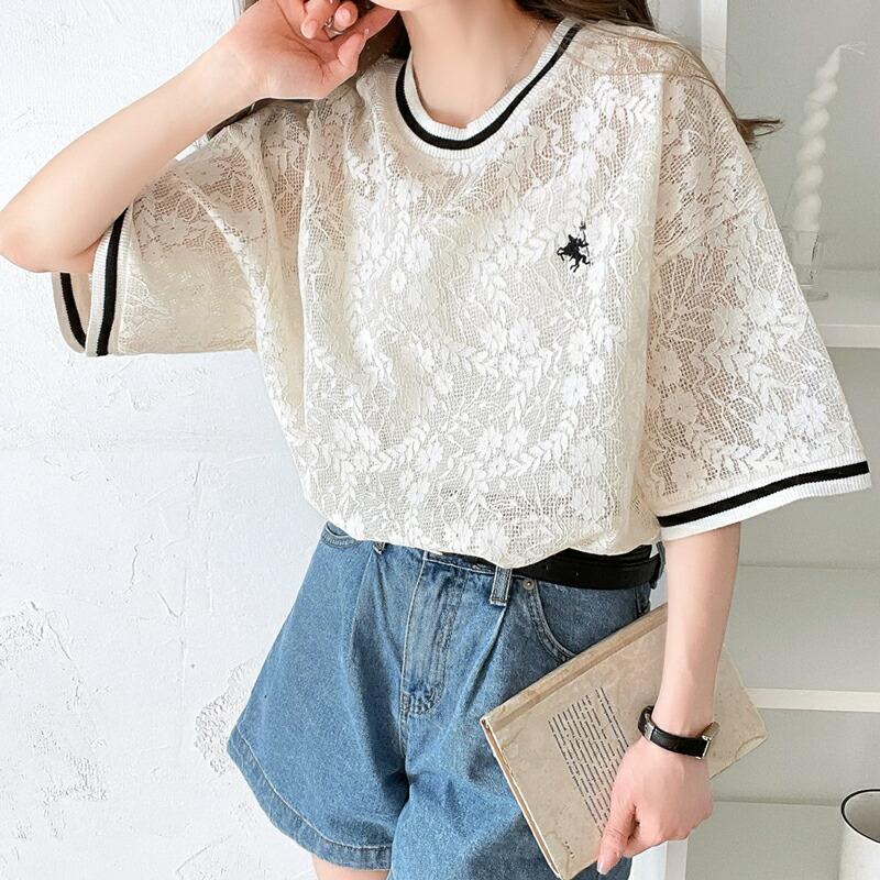 トップス Tシャツ レディース 透け感 クロシェ 風 ドライタッチ レース 配色 リブ ライン 半袖 Tee オーバーサイズ ロングシーズン 華奢見せ | classicalelf