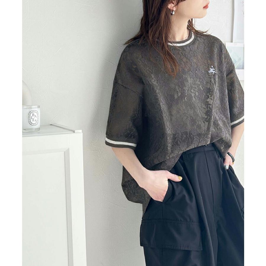 トップス Tシャツ レディース 透け感 クロシェ 風 ドライタッチ レース 配色 リブ ライン 半袖 Tee オーバーサイズ ロングシーズン 華奢見せ | classicalelf | 10