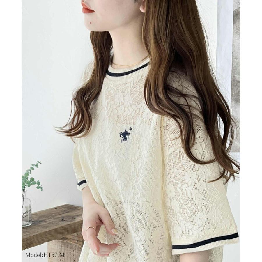 トップス Tシャツ レディース 透け感 クロシェ 風 ドライタッチ レース 配色 リブ ライン 半袖 Tee オーバーサイズ ロングシーズン 華奢見せ | classicalelf | 11