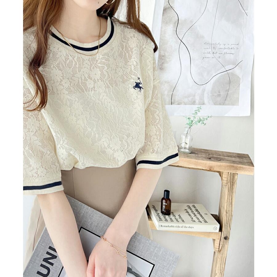 トップス Tシャツ レディース 透け感 クロシェ 風 ドライタッチ レース 配色 リブ ライン 半袖 Tee オーバーサイズ ロングシーズン 華奢見せ | classicalelf | 12