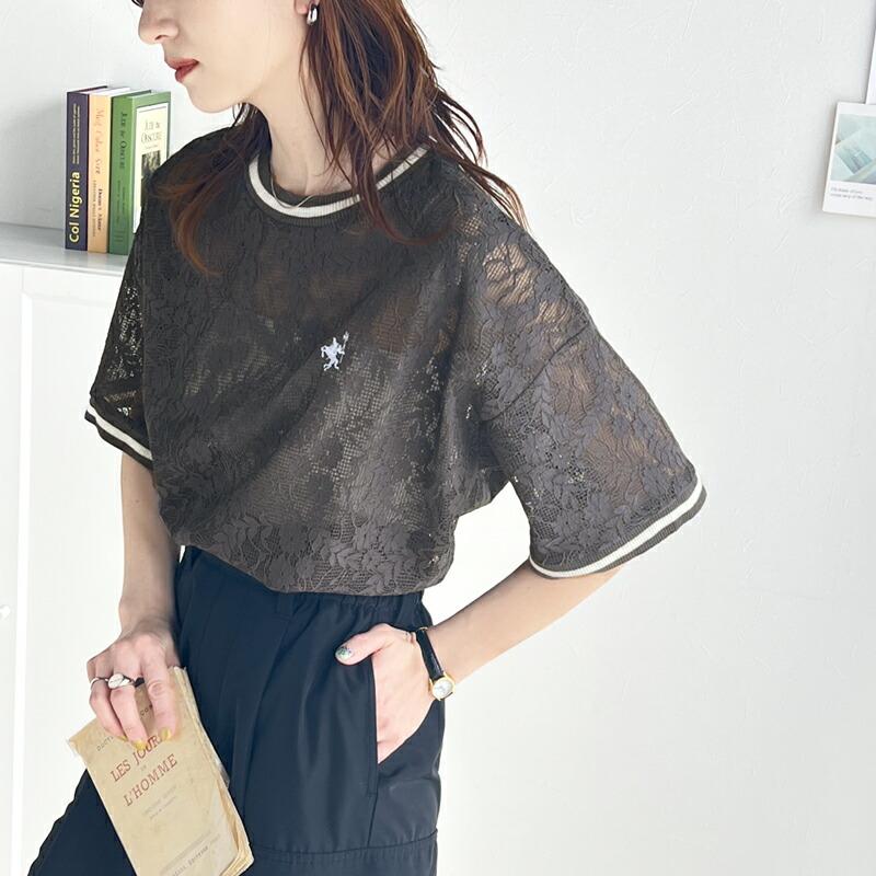 トップス Tシャツ レディース 透け感 クロシェ 風 ドライタッチ レース 配色 リブ ライン 半袖 Tee オーバーサイズ ロングシーズン 華奢見せ | classicalelf | 16