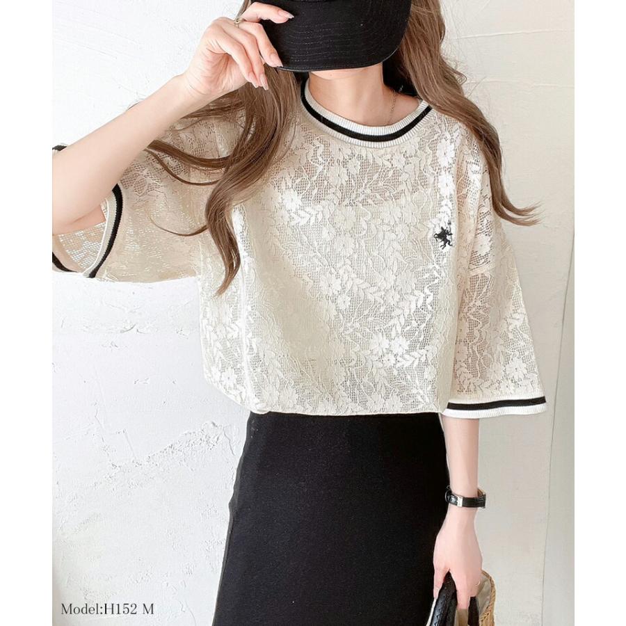 トップス Tシャツ レディース 透け感 クロシェ 風 ドライタッチ レース 配色 リブ ライン 半袖 Tee オーバーサイズ ロングシーズン 華奢見せ | classicalelf | 02