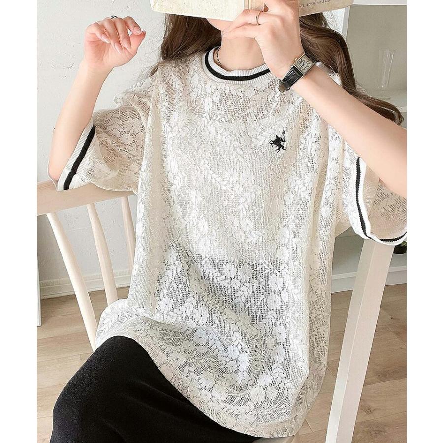 トップス Tシャツ レディース 透け感 クロシェ 風 ドライタッチ レース 配色 リブ ライン 半袖 Tee オーバーサイズ ロングシーズン 華奢見せ | classicalelf | 04