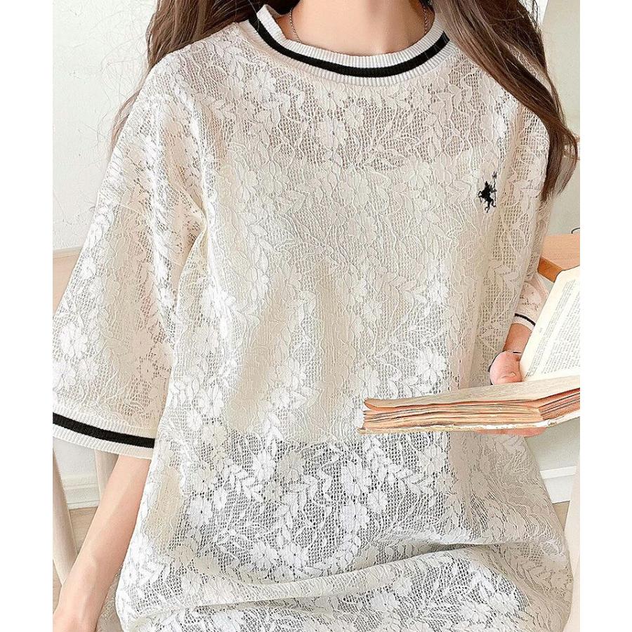 トップス Tシャツ レディース 透け感 クロシェ 風 ドライタッチ レース 配色 リブ ライン 半袖 Tee オーバーサイズ ロングシーズン 華奢見せ | classicalelf | 05