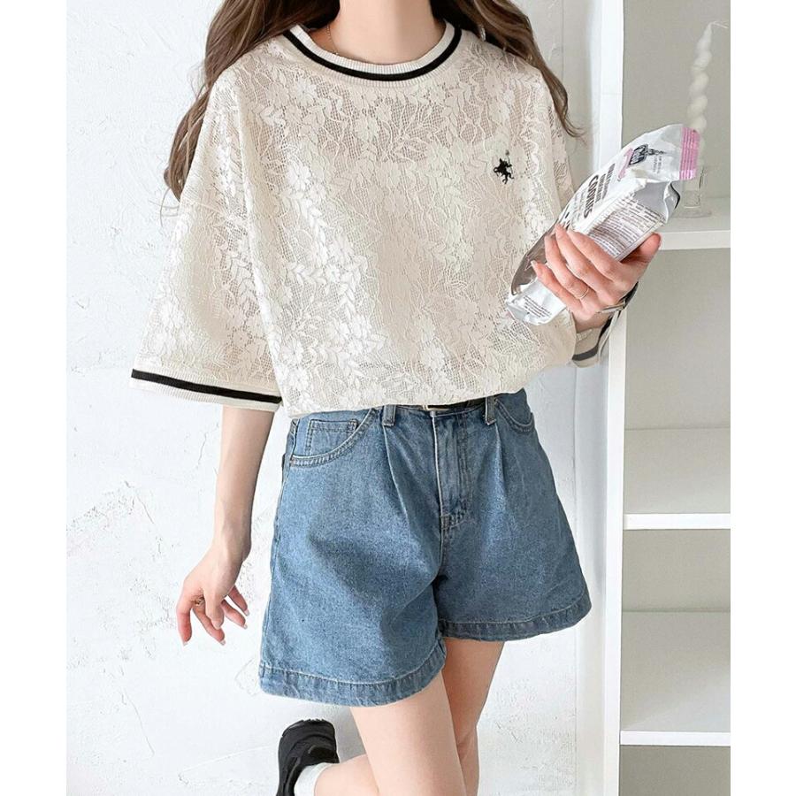 トップス Tシャツ レディース 透け感 クロシェ 風 ドライタッチ レース 配色 リブ ライン 半袖 Tee オーバーサイズ ロングシーズン 華奢見せ | classicalelf | 06