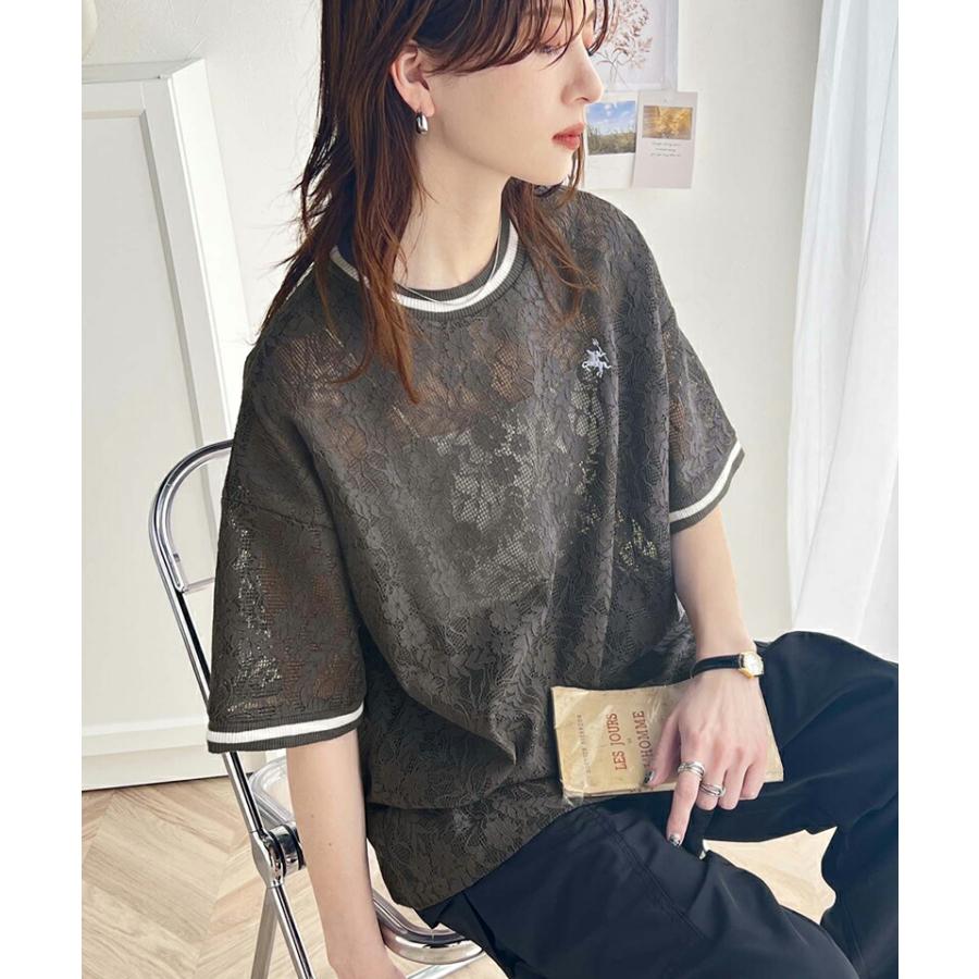 トップス Tシャツ レディース 透け感 クロシェ 風 ドライタッチ レース 配色 リブ ライン 半袖 Tee オーバーサイズ ロングシーズン 華奢見せ | classicalelf | 08