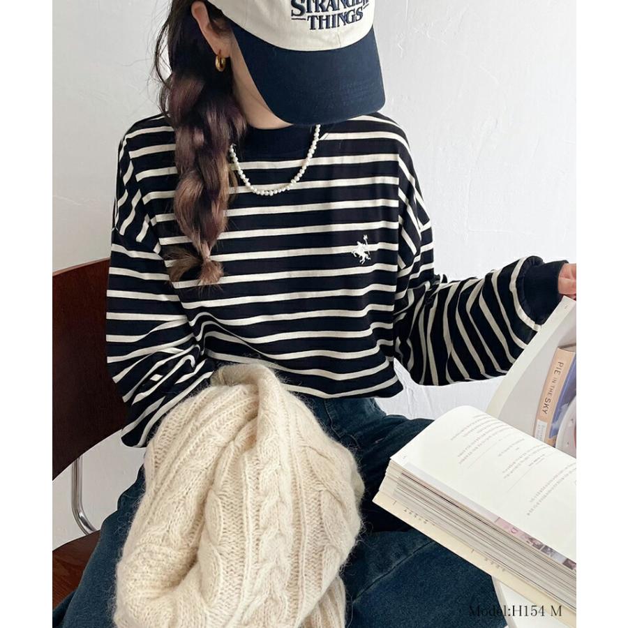 トップス Tシャツ レディース ワンポイント 胸 刺繍 モックネック 長袖 Tee 無地 ボーダー ロングシーズン レイヤードコーデ | classicalelf | 10