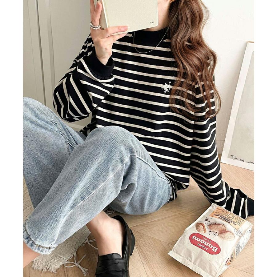 トップス Tシャツ レディース ワンポイント 胸 刺繍 モックネック 長袖 Tee 無地 ボーダー ロングシーズン レイヤードコーデ | classicalelf | 11