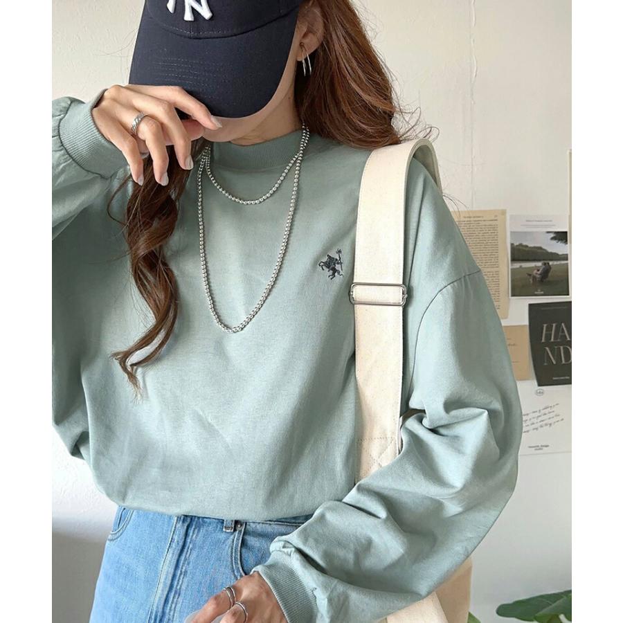 トップス Tシャツ レディース ワンポイント 胸 刺繍 モックネック 長袖 Tee 無地 ボーダー ロングシーズン レイヤードコーデ | classicalelf | 15