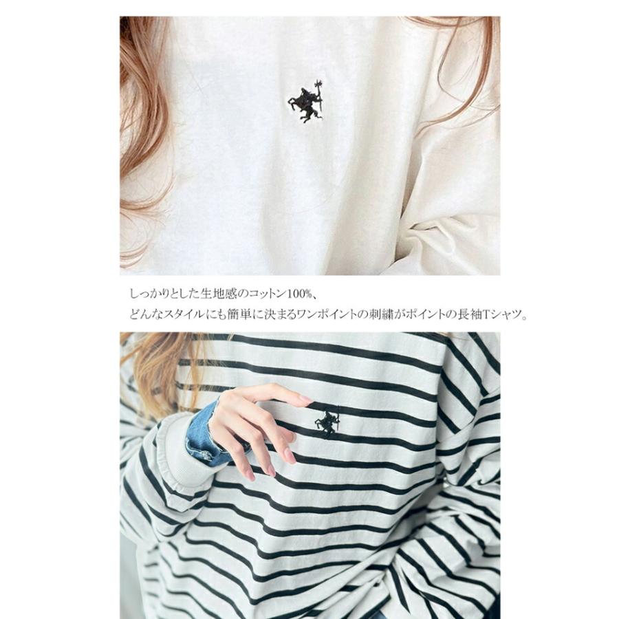 トップス Tシャツ レディース ワンポイント 胸 刺繍 モックネック 長袖 Tee 無地 ボーダー ロングシーズン レイヤードコーデ | classicalelf | 16