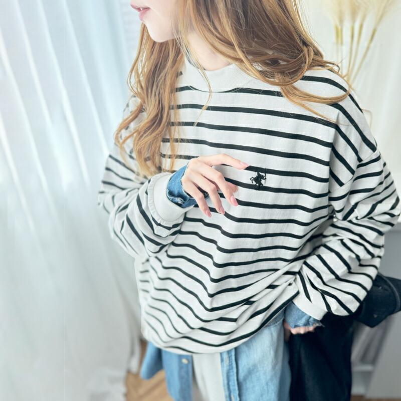 トップス Tシャツ レディース ワンポイント 胸 刺繍 モックネック 長袖 Tee 無地 ボーダー ロングシーズン レイヤードコーデ | classicalelf | 18