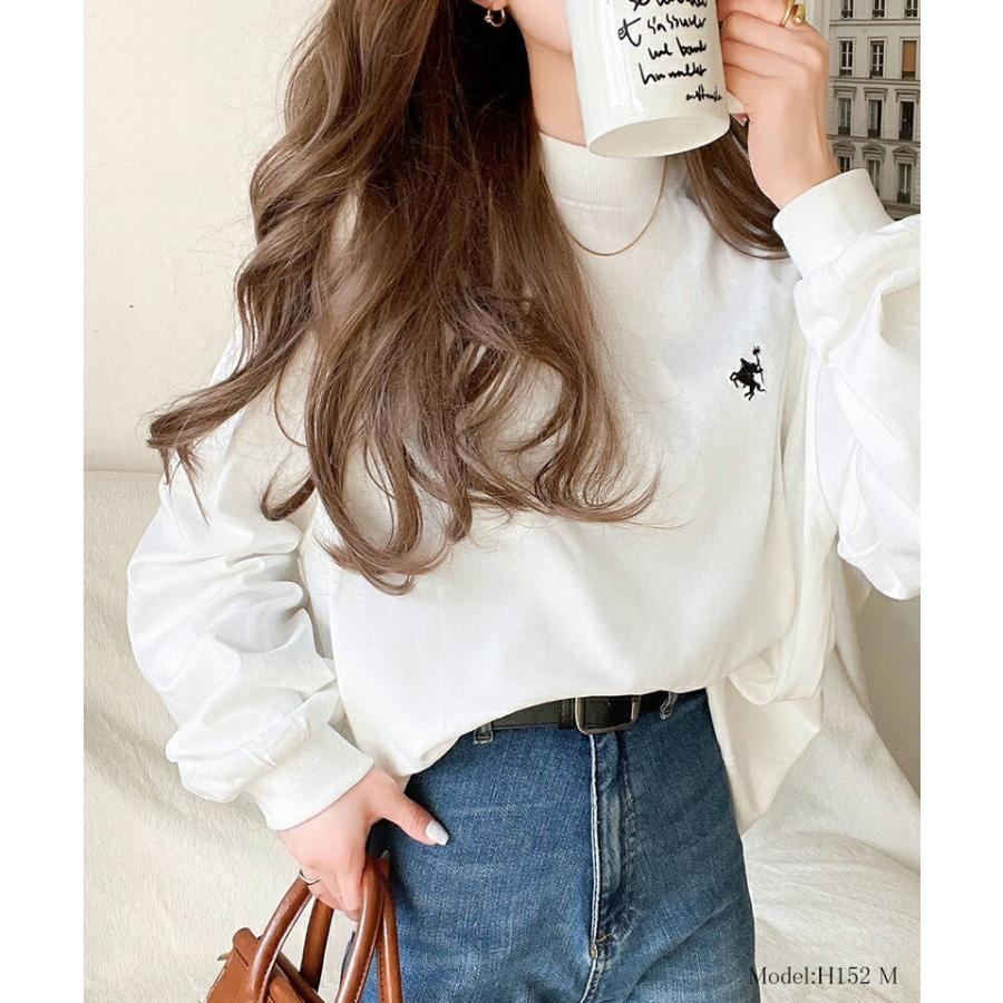 トップス Tシャツ レディース ワンポイント 胸 刺繍 モックネック 長袖 Tee 無地 ボーダー ロングシーズン レイヤードコーデ | classicalelf | 02