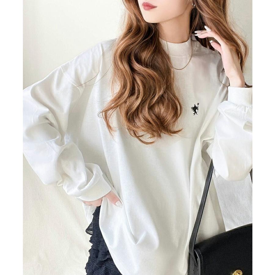 トップス Tシャツ レディース ワンポイント 胸 刺繍 モックネック 長袖 Tee 無地 ボーダー ロングシーズン レイヤードコーデ | classicalelf | 03