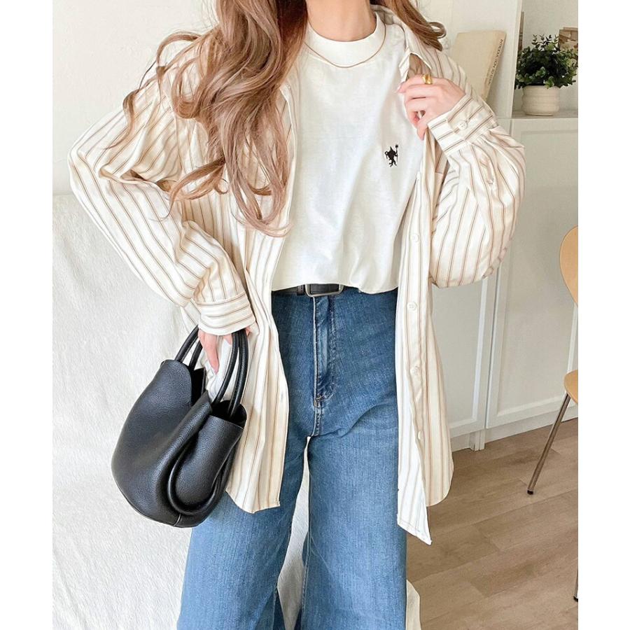 トップス Tシャツ レディース ワンポイント 胸 刺繍 モックネック 長袖 Tee 無地 ボーダー ロングシーズン レイヤードコーデ | classicalelf | 04