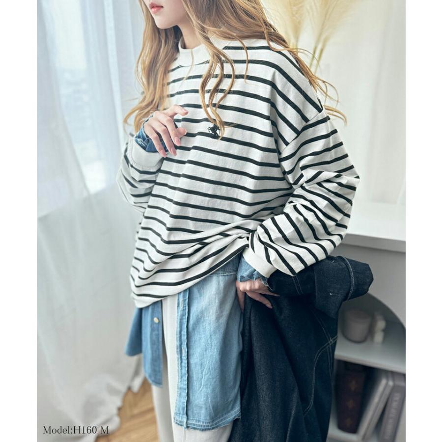 トップス Tシャツ レディース ワンポイント 胸 刺繍 モックネック 長袖 Tee 無地 ボーダー ロングシーズン レイヤードコーデ | classicalelf | 05