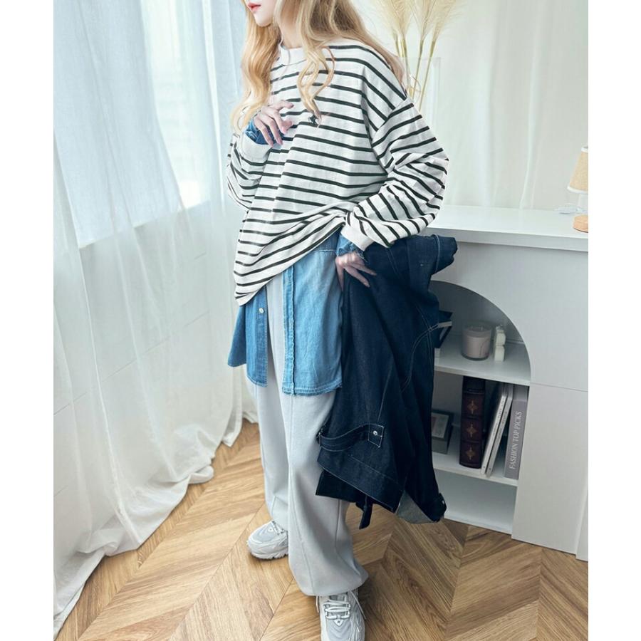 トップス Tシャツ レディース ワンポイント 胸 刺繍 モックネック 長袖 Tee 無地 ボーダー ロングシーズン レイヤードコーデ | classicalelf | 06