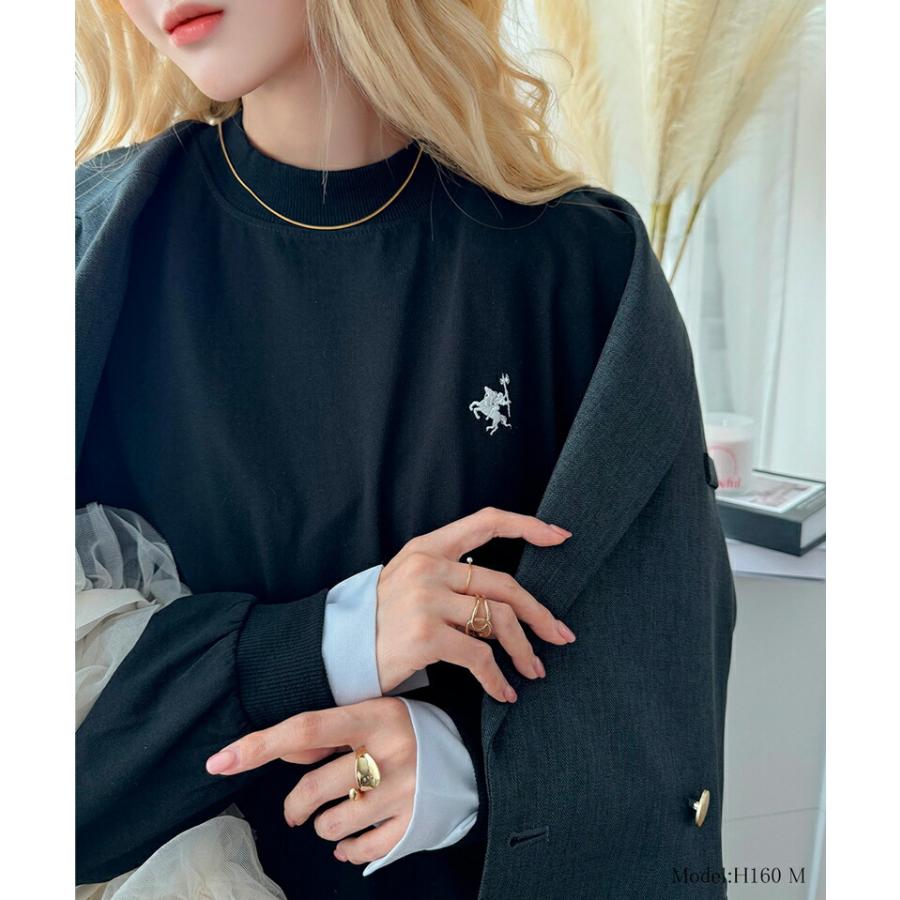 トップス Tシャツ レディース ワンポイント 胸 刺繍 モックネック 長袖 Tee 無地 ボーダー ロングシーズン レイヤードコーデ | classicalelf | 08