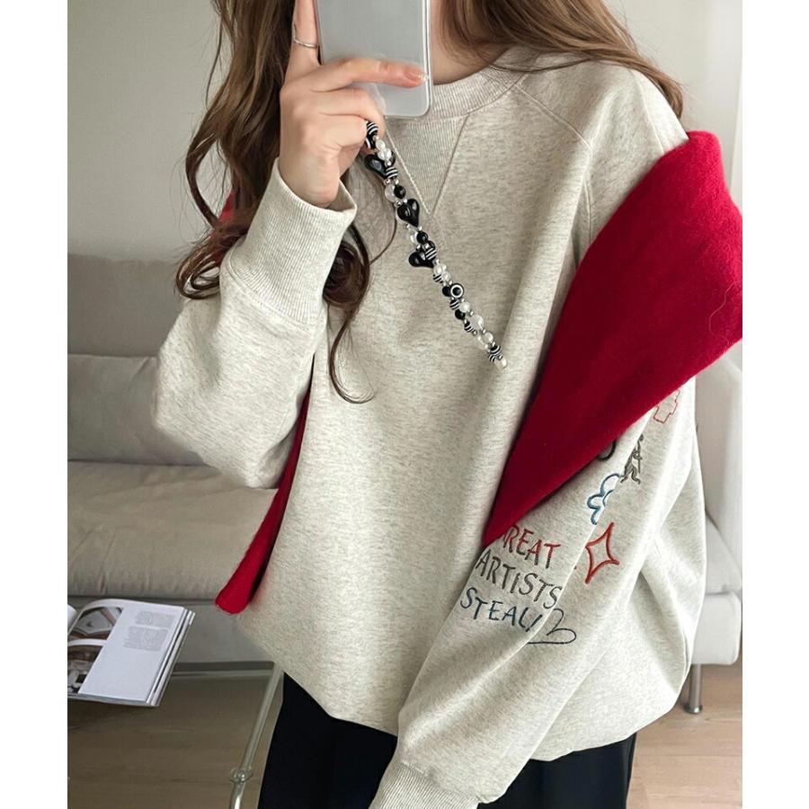 トップス スウェット レディース 前後 2way ガゼットデザイン ランダム 配色 袖 刺繍 裏起毛 ゆるっと オーバーサイズ 男女兼用 ユニセックス | classicalelf | 13