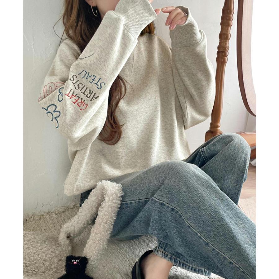 トップス スウェット レディース 前後 2way ガゼットデザイン ランダム 配色 袖 刺繍 裏起毛 ゆるっと オーバーサイズ 男女兼用 ユニセックス | classicalelf | 14