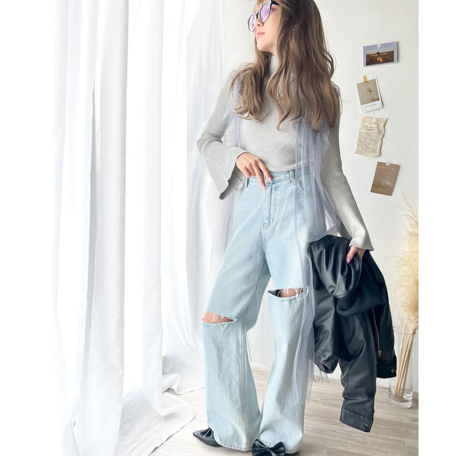 トップス ニット レディース リブニット フレアスリーブ ハイネック 長袖 プルオーバーニット ボトルネック 短丈 レイヤードコーデ 着回し | classicalelf | 10