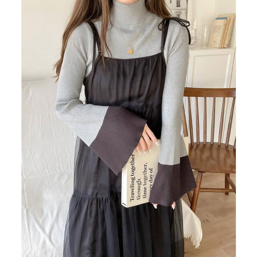 トップス ニット レディース リブニット フレアスリーブ ハイネック 長袖 プルオーバーニット ボトルネック 短丈 レイヤードコーデ 着回し | classicalelf | 12