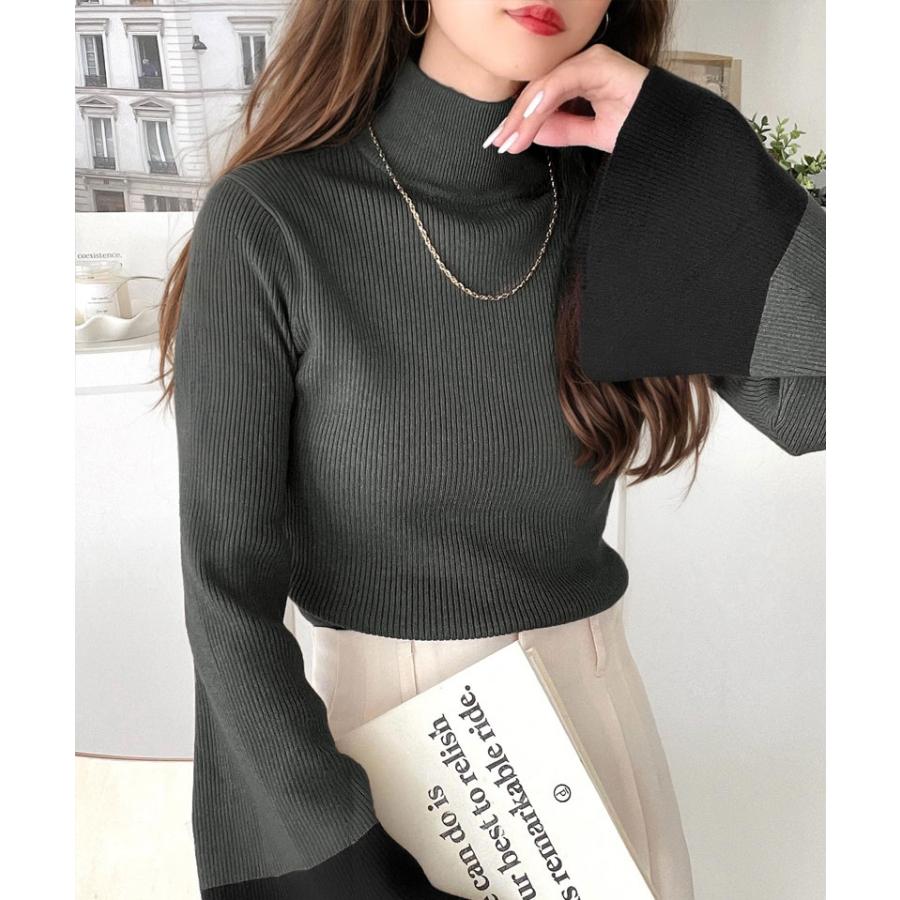 トップス ニット レディース リブニット フレアスリーブ ハイネック 長袖 プルオーバーニット ボトルネック 短丈 レイヤードコーデ 着回し | classicalelf | 14