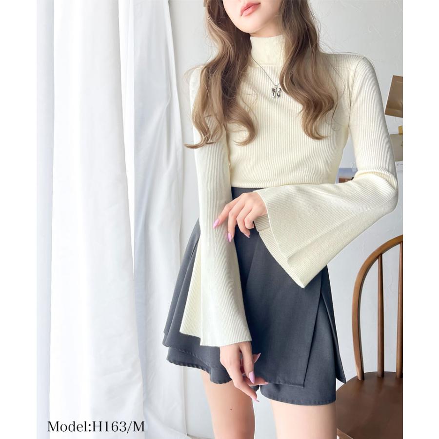 トップス ニット レディース リブニット フレアスリーブ ハイネック 長袖 プルオーバーニット ボトルネック 短丈 レイヤードコーデ 着回し | classicalelf | 02