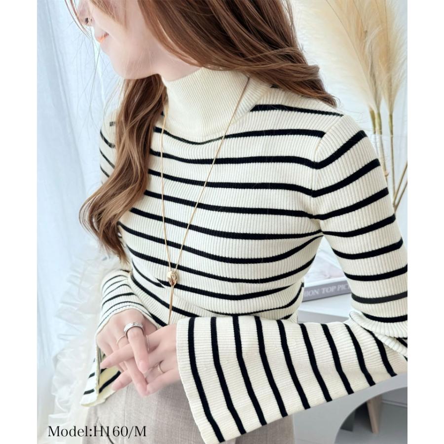 トップス ニット レディース リブニット フレアスリーブ ハイネック 長袖 プルオーバーニット ボトルネック 短丈 レイヤードコーデ 着回し | classicalelf | 04